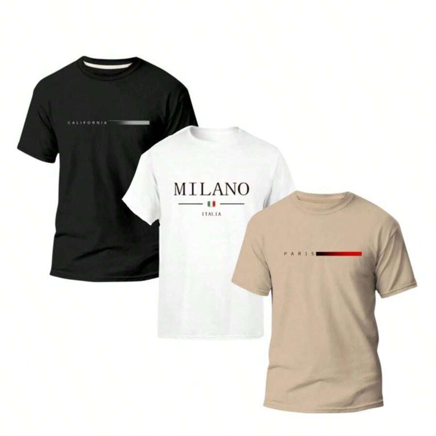 Kit Of 3 Men's T-Shirts, Countries Design, Basic Modern Style, 100% Cotton, California, Paris, Milan, Modern Men's Summer Release - 黑色/卡其色/白色(國家) - 查看 1