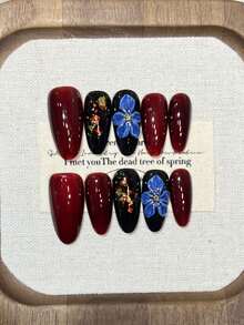 10片手工杏仁形亚克力按压式美甲，中号，柔和红，黑色，不规则金箔手绘蓝色3D雕刻花朵浮雕花卉，奢华前卫优雅简约秋季美甲，秋季按压式美甲，假指甲，圣诞美甲，适合派对、日常、约会、海滩、热带度假等场合，DIY假指甲艺术，适合女性和女孩作为礼物美甲用品 - 彩色 - 查看 11