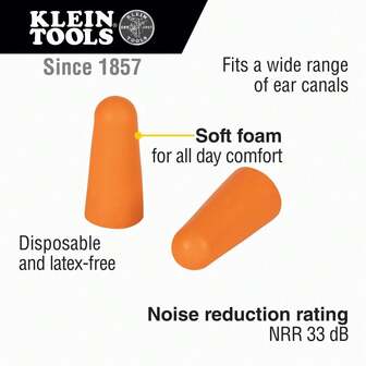 Klein Tools 6054050 Foam Earplugs, 33dB NRR, Orange Ear Protection In Dispenser Box, For Construction, Loud Noise Reduction, 50-Pair