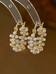 1 Pair Elegant French Geometric Faux Pearl Design Rhinestone Hoop Earrings, Versatile For Women's Daily, Party, Event Wear - Yellow Gold - View 6