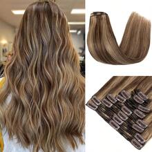 Clip In Hair Extensions Real Human Hair 100% Remy Human Hair Seamless Invisible Clip On Hair Extensions For Women Double Weft 8pcs 18 Inch #4/27 Chocolate Brown Highlight Honey Blonde - S4/27 - View 2