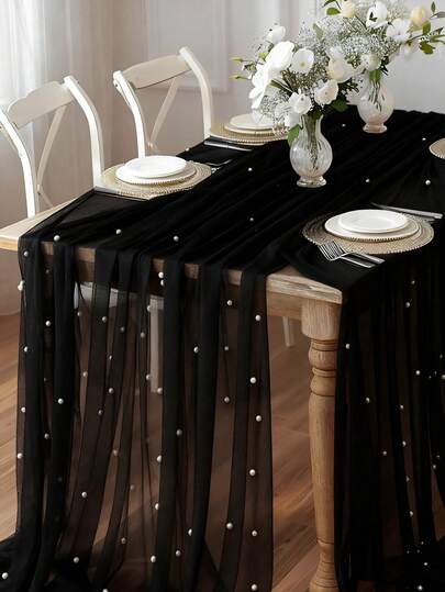 1 stuk pareldecoratie tafelloper, witte parelmoer transparante tule trouwtafelkleed, trouwboogdecoratie, bruiloft/vrijgezellenfeest, feestdecoratie, stoelstrik, evenementachtergrond, kerst, bruiloft decoratie nylon mesh stof, nieuwe parelmoer open mesh stof, Valentijnsdag