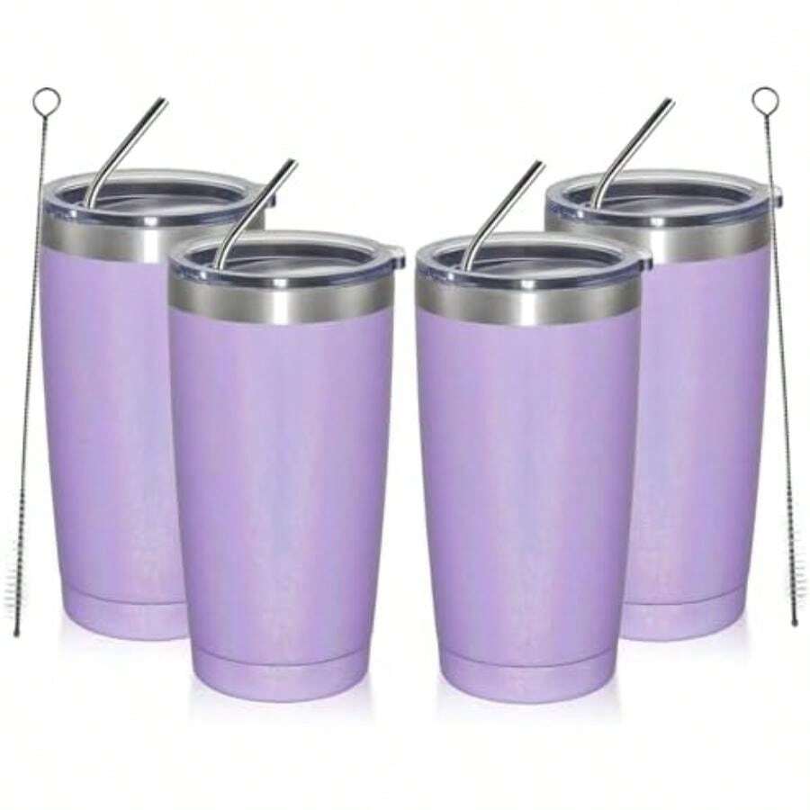 MEWAY Vaso de 597 ml 20 onzas con tapa y pajita, vaso de café de acero inoxidable de doble pared a granel, aislado al vacío, taza de café duradera con recubrimiento en polvo, paquete(Arcoiris morado 4) - Multicolor - Ver 1
