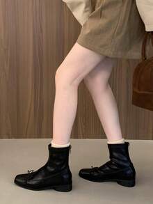 2025新款韩版厚底麂皮短靴，女士保暖内衬，咖啡色，修身踝靴，秋冬款 - 黑色 - 查看 5