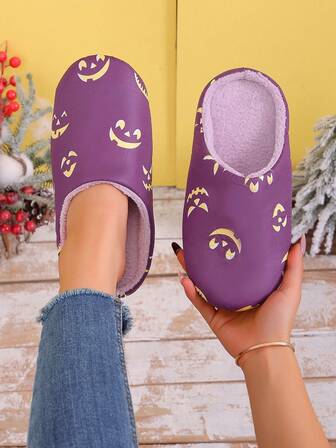 1 Pair Women's Halloween Cute Pumpkin Slippers, Vintage Memory Foam Waterproof Gothic Mysterious Smiling Ghost Slippers, Autumn/Winter House Slippers