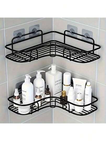 1pc No-Drill Black Metal Corner Shelf - Space-Saving Wall-Mounted Bathroom Storage Rack For Shampoo, Skincare Products & Makeup, Formaldehyde-Free, Bathroom Organizers And Storage