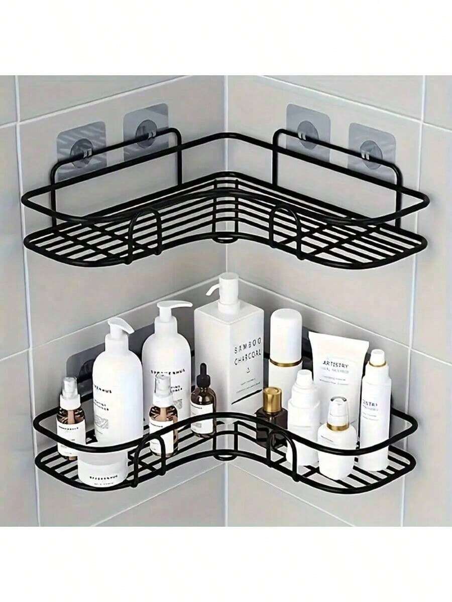 1pc Black Metal Corner Shelf - Space-Saving Wall-Mounted Bathroom Storage Rack, Suitable For Shampoo, Skincare And Cosmetics, Formaldehyde-Free, Bathroom Organization Helper