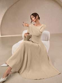 女士优雅 A 字形亚麻连衣裙，配有腰带、喇叭袖和褶皱 - 适合日常休闲穿着和派对