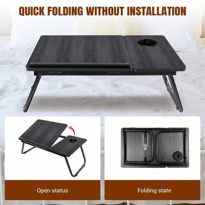  Rigogo Adjustable Laptop Bed Table, Tilting Lap Desk With Cup Holder & Folding Legs, Portable Tray For Reading, Working, Eating In Bed Or On Sofa, Height Adjustable HW-DNZ