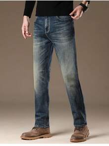 Men's 100% Cotton Slim Fit Straight Leg Jeans Solid Color Slim Fit Style Dark Denim Long-Length Solid Color Vintage Washed Workwear Pants Husband/Boyfriend Gift Work/Outings/Urban/Vacation/Campus Wear Solid Color Regular Fit Pocket Zipper & Button Design Christmas Gift For Husband & Father Men's Jeans - (32L) Vintage Blue Tall Fit - 查看 4