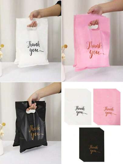 100 piezas Bolsas de regalo de plástico con asas negras, blancas y rosas, impresas con "Gracias" para fiestas de cumpleaños, bodas y eventos, bolsas de embalaje, bolsas de boutique, bolsas de plástico, bolsas de caramelos