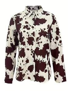 Women's Casual Retro Cow Print Long Sleeve Button-Up Shirt - Coffee Brown - View 8