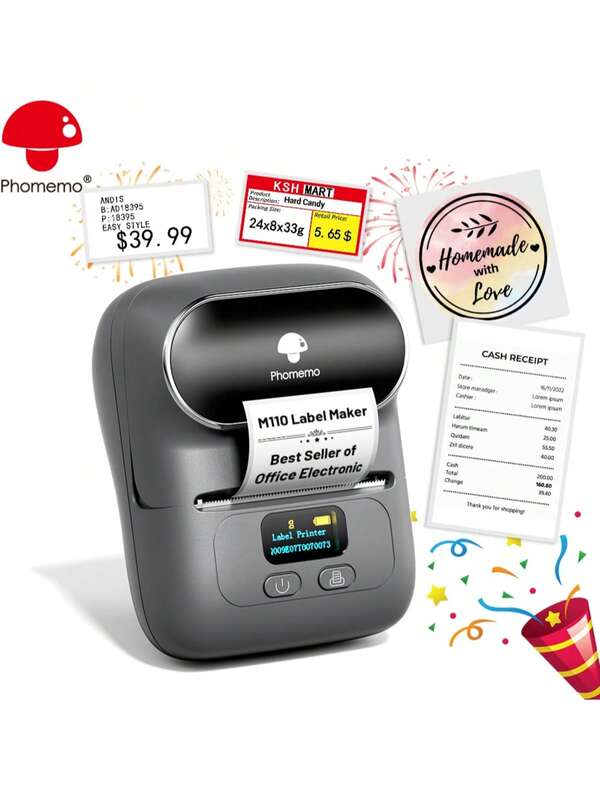 Phomemo Phomemo 1pc Label Makers- M110 Wireless Label Printer With 1 Roll 40x30mm/ 1.57" X 1.18" Thermal Sticker Label, Sticker Printer For Store Owner, Small Business, Office, Address, Logo, Clothing, Mailing, Business Printer For Phones & PC, Mini Labeler For Barcode