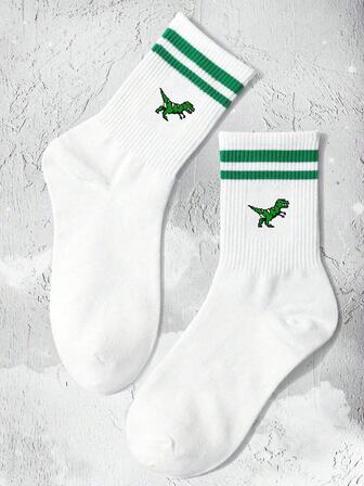 Paquete múltiple de calcetines casuales de tripulación a rayas con dinosaurios unisex, de moda, que absorben la humedad, cómodos, adecuados para la temporada de regreso a la escuela, otoño