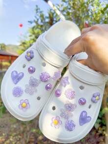 18pcs Purple Bear, Rose, Heart, Flower, Pentagram Detachable Decorative Accessories, Suitable For Sandals, Clogs, Garden Shoes, Beach Shoes, All Season, Great Holiday Gift