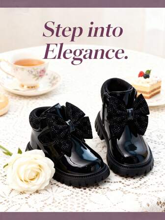 1 Pair Fashion Children's Boots, Girls' Mid-Calf Boots With Bow Decor, Warm Thermal Lining, Soft & Anti-Slip, Hook And Loop Design For Easy Wear, Suitable For Daily, Holidays, And Shopping