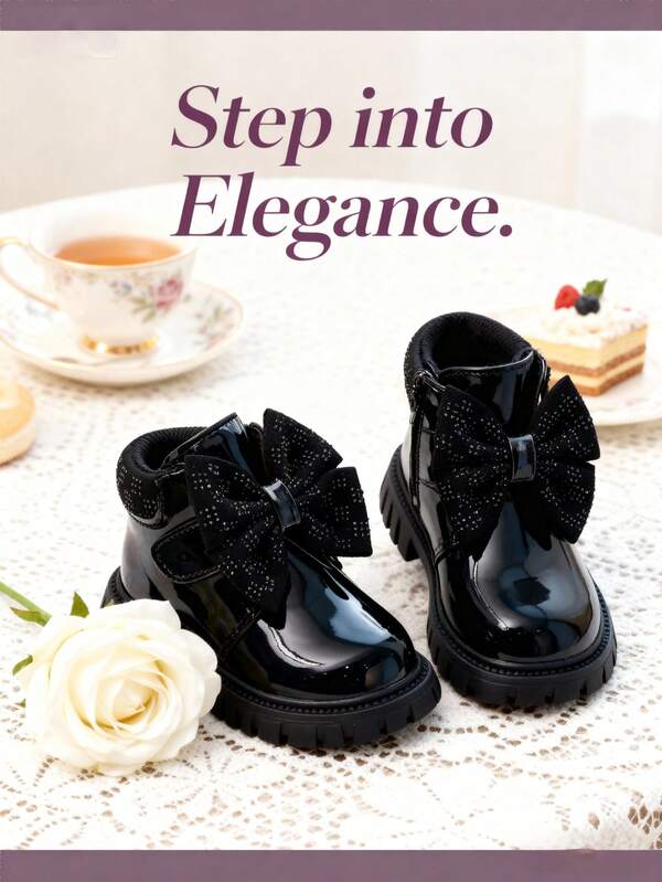 1 paire de bottes mode pour enfants, bottes mi-mollet pour filles avec décoration de nœud, doublure thermique chaude, doux et antidérapant, design à boucle et à scratch pour un enfilage facile, convient pour le quotidien, les vacances et les sorties