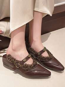 Black Versatile Color Block Pointed Toe Chunky Heel Pumps, New 2025 Korean Version Metal Buckle Mid-Heel Mary Jane Shoes For Women,Fur Shoes - Brown - View 16