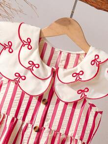Young Girl' Summer Fresh & Energetic Red & White Striped Ruffle Collar Bow Embroidered Dress, Vintage Cute Style, Suitable For Amusement Park, Theme Party, Vacation, Gathering - 紅色 - 查看 3