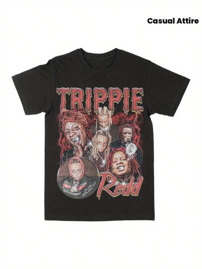 Camiseta de algodón gráfica Trippie Redd para hombres - Negra de manga corta y cuello redondo, 230g, estilo hip hop casual, impresión digital, cómoda para atuendos casuales, camiseta retro, ropa urbana, ropa casual, camiseta gráfica, diseño retro, camisa ligera, tela suave, camiseta impresa, vestidores casuales, amantes de la moda urbana