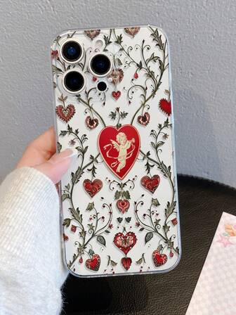 1pc Floral Vine & Heart Angel Pattern Phone Case, Precise Cutout Camera Protection Compatible With Samsung, Nothing, Pixel, INFINIX, Apple, Compatible With Redmi
