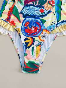 2025 Women's New Vacation Plant Print Patchwork Flounce Halter One-Piece Swimsuit - Black - View 10