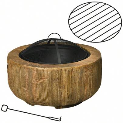 Outsunny Fire Pit With Lid And Hook In Log Design For Garden Camping Patio MgO Steel Brown On Site