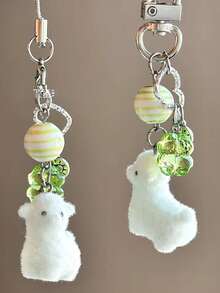 1pc Flocked Sheep Bag Charm, 3D Bag/Camera/Keychain Pendant Ornament, Gift Accessory - Green - View 1