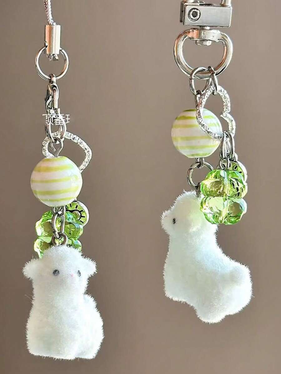1pc Flocked Sheep Bag Charm, 3D Bag/Camera/Keychain Pendant Ornament, Gift Accessory - Green - View 1