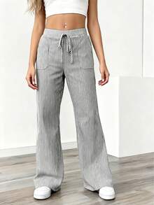 Women Blue Stripe Low Waist Wide Leg Casual Pants, Suitable For Holiday And Daily Wear Fall Cloth For Women - 灰色 - 查看 4