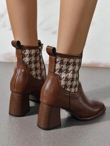 Vintage Houndstooth Patchwork Ankle Boots For Women, Brown Square Toe Chunky Heel Chelsea Boots, Autumn/Winter Fashion Zipper Booties - Brown - View 6