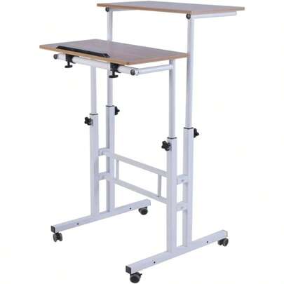 Double Table Adjustable Computer Desk, Mobile Standing Desk With Rolling Wheels For Home Office Workstation, Portable Laptop Stand Tall Table For Standing Or Sitting, Adults Or Children