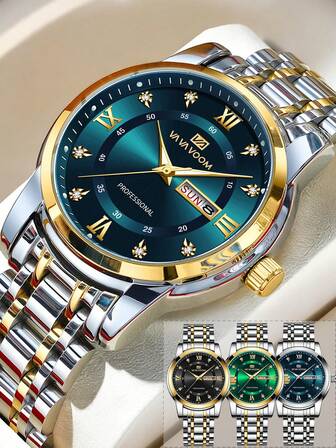 VA VA VOOM 1Pc Men Quartz Watch 41mm Classic Luxury Diamond Calendar Clock Green & Blue & Gold & Silver & Black Stainless Steel Original Week Quartz Movement 3Bar Business Style Gorgeous Couple Watch For Men