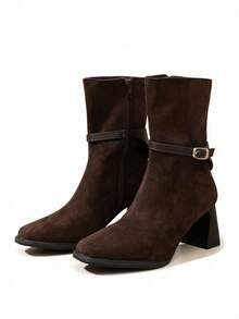 Maillard Brown High Heel Boots, Slimming, Stylish, High-End, Retro Square Toe Ankle Boots For Women, Chunky Heel, Autumn/Winter - Brown - View 8