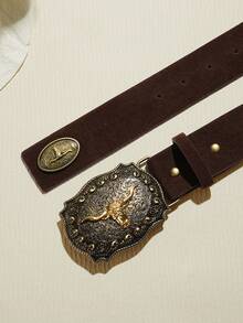 1pc Men's Retro Bull Head Buckle Belt, Classic Engraved PU Leather Fashion Accessory, Western Style, Daily Wear - Brown - View 4