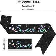 1件/套 闪亮黑色甜美16岁绶带，带炫彩字体，16岁生日快乐装饰，女孩十六岁生日派对用品 - 彩色 - 查看 11