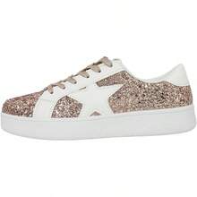 Niluber Star Sneakers For Women Low Top Cushioned White Gold Sliver Leopard Platform Sneakers Lace Up Red Glitter Platform Party ShoesChristmas - 金色亮片 - 查看 8