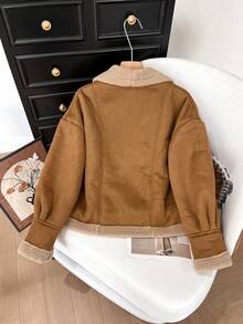 Vintage Cargo-Stil khakifarbene kurze Jacke aus Wildleder und Wollpatchwork für Frauen, Streetstyle, Party, Pendeln, Weihnachts-Date - vielseitige Damen Oberbekleidung - Khaki - Übersicht 3