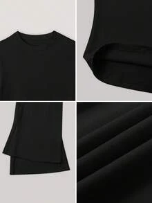 NcmRyu 1 Set Women's Slim Fit Round Neck Fold Waist Long Sleeve Top And Long Pants Activewear Set - Black - View 4