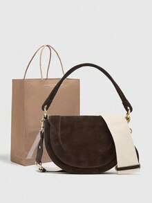 New Autumn Women's Burgundy Saddle Bag By ZA, Featuring Contrast Stitching, Top Handle, And Flap-Over Crossbody Rigid Bag