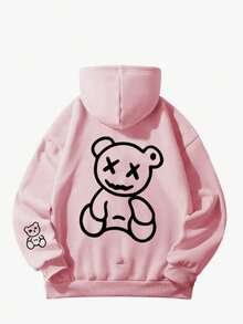 Casual Bear Print Drawstring Hoodie Sweatshirt, Autumn/Winter - Pink - View 5