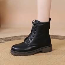 1 paire de bottes de moto style western pour femmes, avec fermeture éclair latérale, œillets métalliques, lacets, doublure thermique chaude, antidérapante, convient pour les vacances et l'hiver - Noir - Voir 2