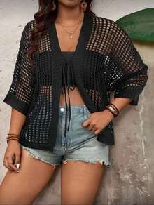 Cardigan Cape Coat Plus Size Knitted Crochet Transparent Summer - 黑色 - 查看 3