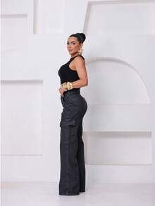 Wide Leg Cargo Jeans - Grey - View 6