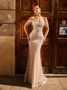 Elegant Women's Party Dress With Sparkling Decorations, Spaghetti Straps, Open Shoulder Sleeves, And Charming Mermaid Hem, Perfect For Formal Dinners - 香檳色 - 查看 7