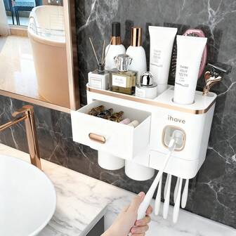 IHave 2/3/4 Toothbrush Holder, Wall Mounted 2/3/4 Cup Toothbrush Holder With Toothpaste Dispenser - Large Capacity Tray, Makeup Drawer - Toothbrush Holder And Bathroom Accessories