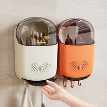 四色壁挂式厨房用具收纳架，带防尘透明盖 – 通风排水，免钻孔粘贴安装，大容量可收纳筷子/勺子/叉子，时尚挂钩设计，节省厨房空间