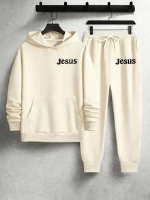 SECRET BASE Men's Religious "Jesus" & Cross Graphic Hoodie And Sweatpants Set - Oversized Streetwear TracksuitSECRET BASE Men's Religious "Jesus" & Cross Graphic Hoodie And Sweatpants Set - Oversized Streetwear Tracksuit - 杏色 - 查看 4