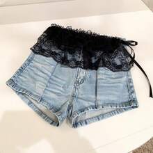 Women's Ruffled Lace Overlay Waist Belt With Scalloped Hem And Ribbon Tie 45.5in - Black - 黑色 - 查看 1