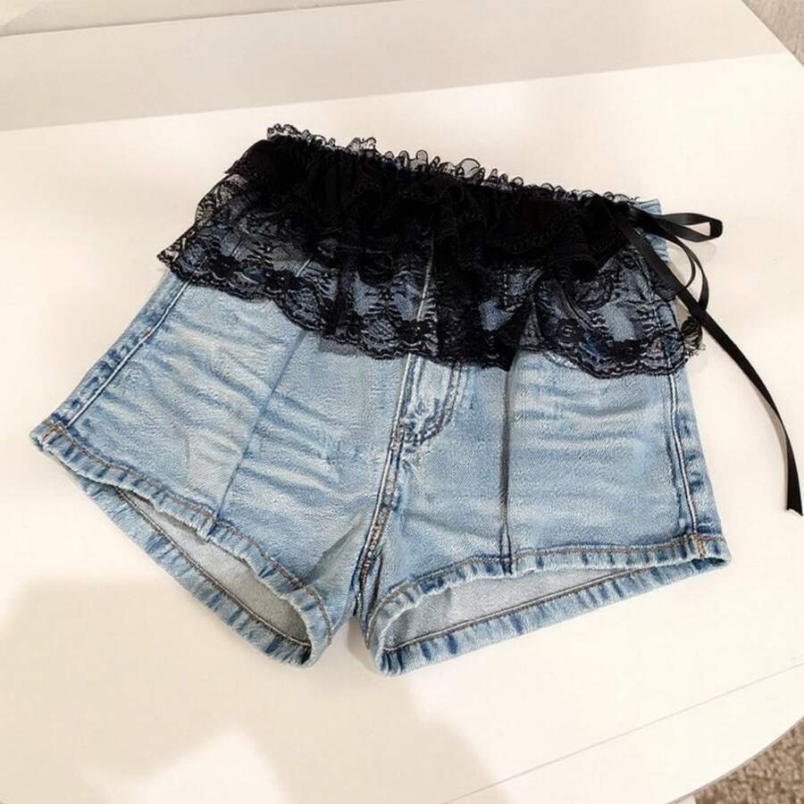 Women's Ruffled Lace Overlay Waist Belt With Scalloped Hem And Ribbon Tie 45.5in - Black - 黑色 - 查看 1